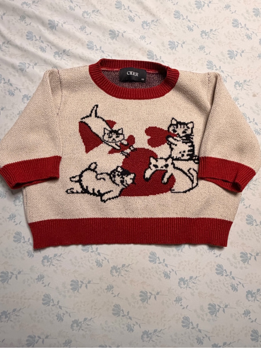 Cider Cream & Red Cat Intarsia Crewneck Sweater